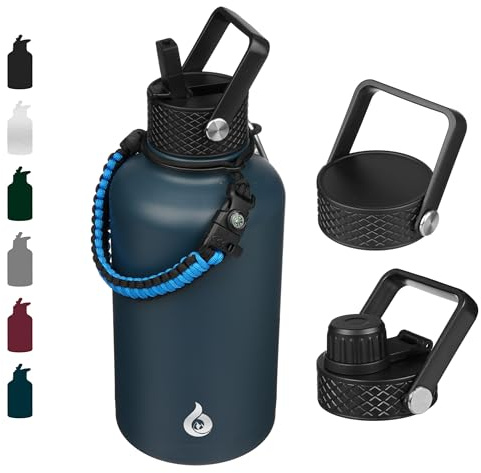 BJPKPK Half Gallon Insulated Water Bottles with Straw Lid, 64oz Large Water Jug, Stainless Steel Bottles with 3 Lids and Paracord Handle, Thermo for Hot & Cold Liquid, Navy Blue