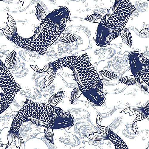Loussiesd Japanischer Koi-Polsterstoff Meterware, Ozean Wave Hokusai Polsterstoff für Stühle, exotischer Karpfenfisch Marine Meer dekorativer wasserdichter Outdoor-Stoff, 92 x 150 cm, weiß blau