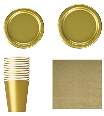 Trimming Shop 70Pcs Gold Round Disposable Party Tableware Set for Weddings | Ideal for Receptions Family Meals Outdoor Dining Catering Functions Children Gatherings and Convenient Clear Up