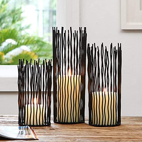 Iron Wire Willow Candle Holder Set of 3, Metal Black Pillar Candleholders for Table Canterpieces Modern Candlestick Holders for Dinner Room Tabletop, Home Decoration, Indoor, Outdoor Decor