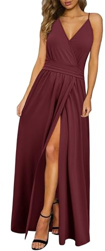 Newshows Vestito Estivo da Donna Abito Lungo Maxi Abito con Scollo a V Spacco Casual Abiti da ospite da Matrimonio Elegante (Rosso Scuro, Large)
