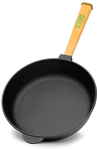 Gusseisenpfanne 26 cm | Gußeisenpfanne 65 mm hoch mit Holzgriff | Pfanne aus Gusseisen Induktion |Gusseiserne Bratpfanne geeignet für Gasgrill, Backofen, Feuerstelle und alle Herdarten inkl. Induktion