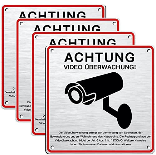 Kaiyingxin 4 Stücke Videoüberwachung Schild Privatgrundstück mit DSGVO Hinweis(15x15cm), Achtung Videoüberwachung Schild,Schilder Videoüberwachung, für Überwachungskamera Oder Kamera Attrappe