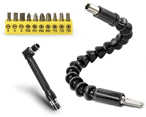 Jamiikury 90 Degree Right Angle Driver, 11.6 Inch Bendable & Flexible Screwdriver Extension Soft Shaft and 10pcs Screwdriver Bit Set, Power Screwdriver Drill Extension Kits - Pack of 12