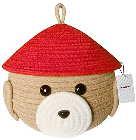 Inwagui Bär Aufbewahrungskorb Baumwollseil Gewebter Aufbewahrungsbox Mit Deckel Baby Spielzeug Organizer Kinderzimmer Dekorativer Korb, Khaki/Rot