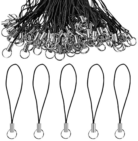 100 Pieces Lanyard Phone Ring Strap for Cellphone Mobile Lariat Lanyard Cell Phone Split Ring Strap Charm Cords with Silver Tone Split Ring for Mobile USB Flash Drive MP3 Keychain Keyring DIY (Black),
