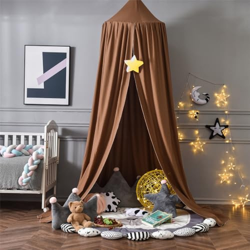 Surwin Ciel de Lit pour Bébé Enfants, Moustiquaire Ronde Rideau Baldaquin Dôme Princesse Tente de Lit, Dressing Maison de Lecture Maison de Jeux Décoration Chambre d'enfant Filles - Café