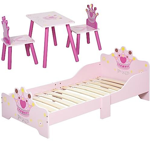 HOMCOM Lit Enfant et Ensemble Table et chaises Enfant - Design Princesse Motif Couronne - sommier à Lattes Inclus - Rose