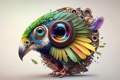 adrium Acryl-Bild 110 x 70 cm: Bunter Vogel mit einer Kamera auf dem Kopf. 3D-Illustration (201655409)