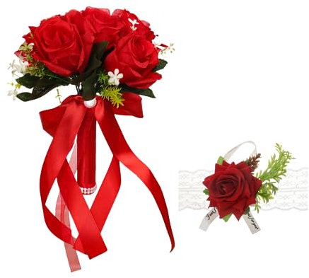 XIZHI Bouquet da sposa con fiori artificiali con rosa sul polso, per damigella d'onore, nastro di seta sintetica, per matrimoni, San Valentino, feste, balli di fine anno (rosso)