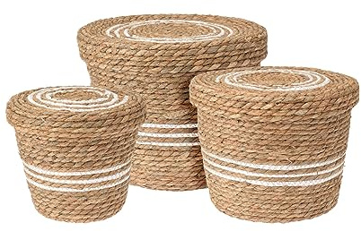 3er Set Aufbewahrungskorb aus Seegras - 37, 32, 26 cm | Mit Deckel, Mehrzweck, Natur