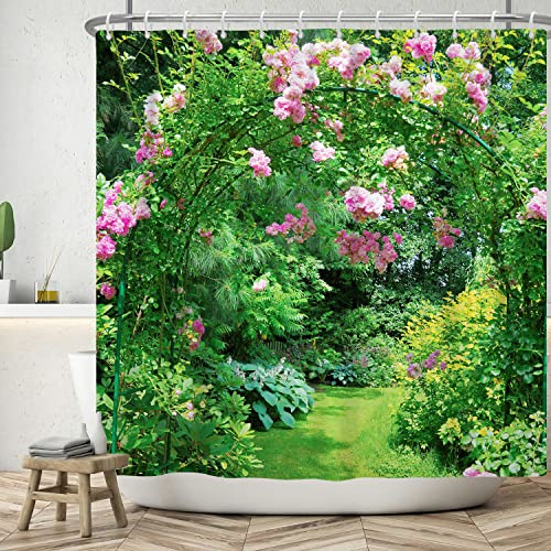 ASDCXZ Garden Shower Curtain 180x200 cm, Spring Garden Outdoor Rose Flowers Green Leaves Sunshine Bath Washable Shower Curtains Polyester Textile Waterproof Bath Curtain for Bathtub with 12 Hooks