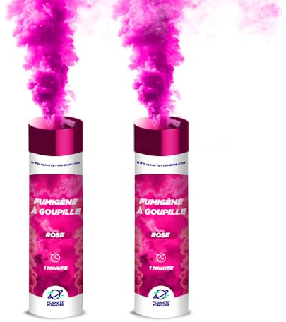 PLANETE FUMIGENE Fumigène a Main 1 MINUTE couleurRose, Lot de 2, Déclenchement à Goupille, durée 60 secondes, torche couleur à tenir en Main, fumigene a main