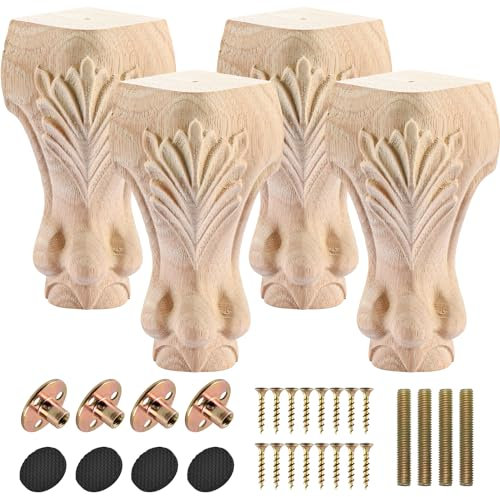 Btowin VCF 8 Inch / 20cm Wooden Furniture Legs, 4PCS Solid Wood Carved Geometry Sofa Legs Unfinished DIY Replacement Bun Feet with Mounting Plate & Screws for Sofa Cabinet Couch Table TV Stand