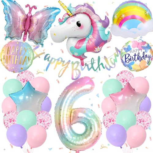 YYDSXK Geburtstagsdeko Mädchen 6 Jahre, Einhorn Deko Kindergeburtstag mit Happy Birthday Banner, Pastell Luftballons, Groß Folie 6 Number, Geburtstagsdeko Schmetterling Einhorn für 6 Jahre Mädchen
