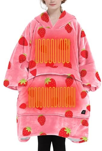 KFUBUO Heated Electric Wearable Blanket Throw Battery Operated Portable USB Cordless Outdoor Hoodie Sweatshirt, Heated Blanket Strawberry, One size