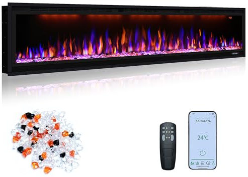 Oxhark Flame 188 cm (74 tum), elektrisk öppen spis, smal inbyggd och väggkamin med fjärrkontroll, flerfärgade lågeffekter med realistiska träflöden, termostat med timer, 750/1500 W, svart