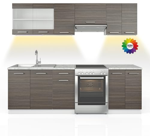 Vicco Küchenzeile Raul, Edelgrau/Weiß, 240 cm | AP Marmor mit LED-Leisten, mit modularen Elementen flexibel kombinierbar
