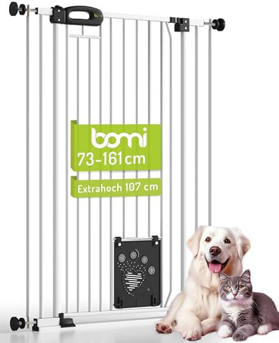 BOMI Tierschutzgitter Merle| Treppenschutzgitter ohne Bohren| Ideal als Absperrgitter Hund, Katzengitter Tür & Welpenzaun | Extra Enge Stäbe | Hundegitter Wohnung weiß Metall | Breite: 73-83 cm