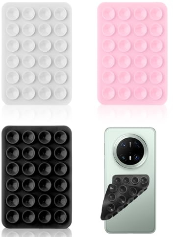 3PCS Phone Suction Pad Sticky Case for Wall Phone Holder Sticky Case | Double Sided 24 Suction Pad Anti-Slip Hands-Free for Shower Mirror Glass Car Selfies Videos (Black White Pink)