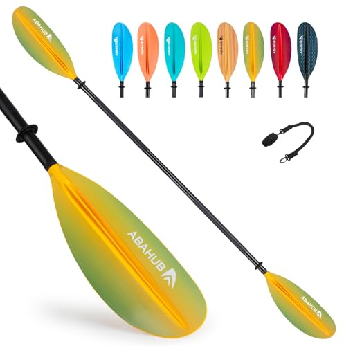 Abahub 230cm Kajak Paddel Aluminium Doppelpaddel mit Paddelleine für Kajakfahren Ruderboot Kanusport Aluminiumlegierungs Schaft Kunststoff Klingen Farbverlauf Gelb
