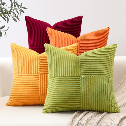 Sungeek 4er Set Cord Kissenbezüge, Kreuz Streifen Muster Kordsamt Kissenbezug Sofakissen Dekokissen Patchwork Design Deko Zierkissenbezüge Kissenhülle für Wohnzimmer (40x40cm, Gelb Orange)