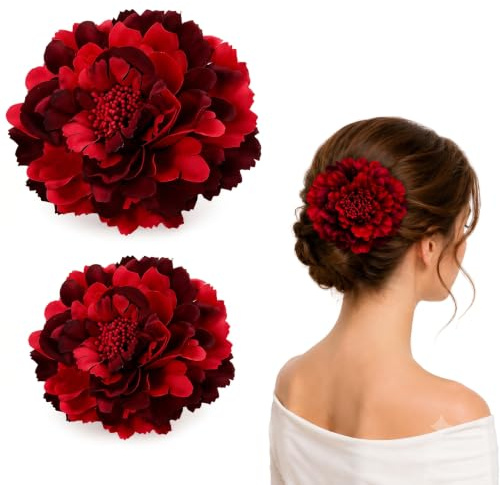 Clips de cheveux en forme de fleurs-2 pièces en rouge (11 cm)-Grosses fleurs réalistes pour les vacances à la plage, les photos, la danseet bien plus encore -Brochette et épingle à cheveux 2 en 1
