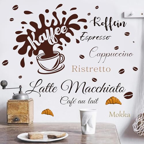 ANHUIB Kaffee Thema Wandaufkleber Kaffeesorten Wandtattoo Küche Selbstklebend Coffee Wandsticker für Café Deko Kaffeetasse Wandsticker Sprüche für Küche Esszimmer Wohnzimmer Restaurant Cafés Wanddeko