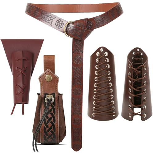 CWENDANER Il set di cintura medievale 5 accessori rinascimentali include cintura, fodero per spada, polsino e marsupio per LARP, giochi di ruolo e rievocazione vichinga, marrone, Taglia unica
