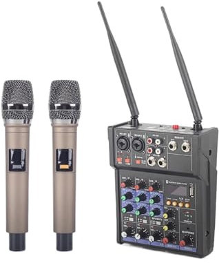 KJUEQ Mesa de Mezclas *DIO DJ de Cuatro Canales con Micrófono Inalámbrico UHF, USB y Alimentación Phantom de 48V. Grabación Adecuada