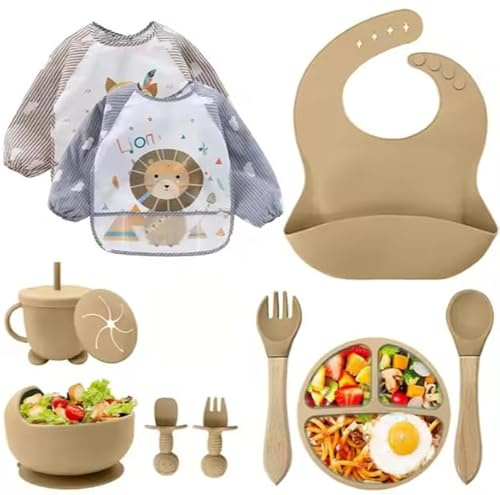 Babyporslinsset i silikon 12 delar – BPA-fri barntallrik med sugkopp, drickkopp med sugrör, silikonhaklapp, skål, träsked, babybestick – diskmaskins- och mikrovågsugnssäker