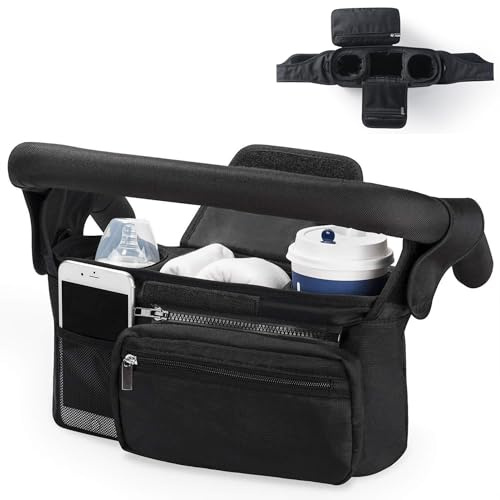 SUQ Organiseur De Poussette Avec Porte Gobelet, Dos à Suspendre, Baby Sac De Rangement Pour Poussette, L'Accessoire Poussette Est Nouvellement Mis à Jour, Organisateur De Poussette Et Landau (Noir,L)