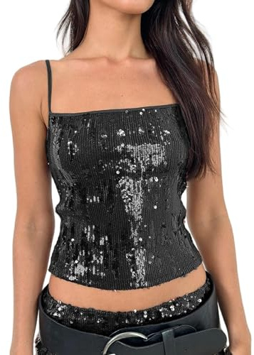 Seyumixi Women Sparkly Cami Top Sequin Spaghetti Strap Glitter Crop Top Sleeveless Going Out Tops Party Concert Outfits(Cute Black,S)