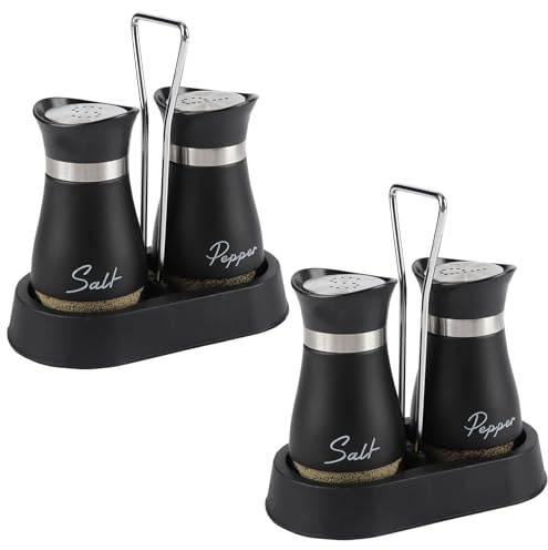 HZPZPP Salz- und Pfefferstreuer Set – 4 Stück Salzstreuer aus Glas mit Edelstahl-Deckel und Halter für Familie, Küche, Esstisch, Gäste und Grillen (Schwarz)