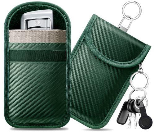 caslord Keyless Go Schutz Autoschlüssel, 2 Stück Mittel Faraday Taschen Kohlefaser Leder, Keyless Go Schutzhülle RFID Blocker Schlüsseletui- Grün