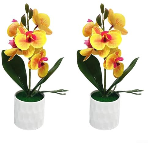 6 Realistic Artificial Phalaenopsis Orchid Potted Plants for Decorating Various Indoor Spaces Including Home and Office (yellow)