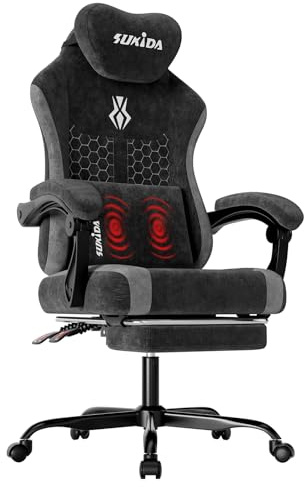 SUKIDA Fabric Video Gaming Chair, Ergonomic High-Back Computer Game Chairs with Large Massage Adjustable Lumbar Support, Headrest and Linked Armrests for Long Hours Sitting Task Chair, Black