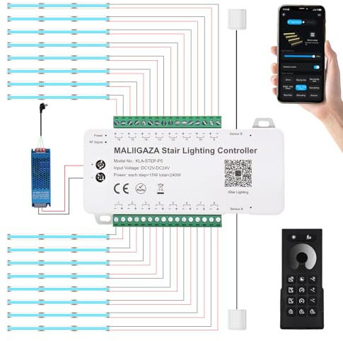 MALIIGAZA Intelligente Treppenbeleuchtung 16 Stufen Kaltweiß 6000K | Bewegungsmelder Treppenlicht mit App & RF-Fernbedienung, Bluetooth Smart Stair Light, COB LED Streifen Indoor