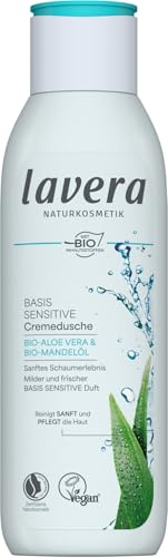 lavera basis sensitive Duschgel Duschpflege 250 ml | vegane Naturkosmetik, pH-hautneutrale Formulierung für sensible Haut, hautschonend & pflegend, für sanfte Haut