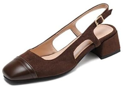 Générique Chaussures Femme Deux Tons Slingback Escarpins Bout Carré Talon Bas Chunky Bride Cheville Réglable Daim Cuir PU Tissu Mélangé Confort Semelle Antidérapante