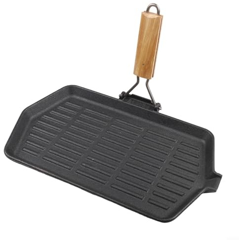 Glewi Poêle à frire en fonte, poêle striée, poêle à poignée pliable, 21 x 35 cm, surfaces de gril striées antiadhésives pour la cuisson du steak et de la viande