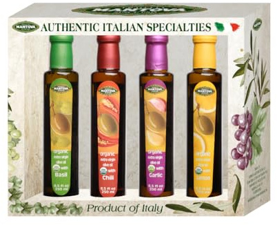 Mantova Organic Flavored Extra Virgin Olive Oil Variety Pack – Garlic, Basil, Chili, and Lemon (8.5 oz Bottles, Pack of 4) – Perfect for Cooking, Dressing, and a Great Gift Item