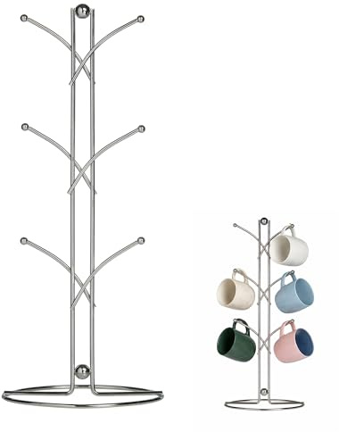 Premier Housewares Chrome 6 Cup Mug Tree | Stylish Wire Stand With Polished Chrome Finish | Holds Up To 6 Mugs For Easy Access And Display | Countertop Organiser