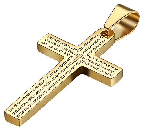 JewelryWe Schmuck Edelstahl Bibel Gebet Kreuz Anhänger mit 55cm Kette, Halskette für Herren Damen, Gold Silber Schwarz Blau