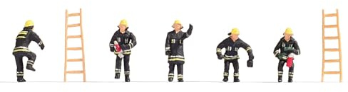 NOCH Feuerwehr, handbemalte Figuren, Set mit 5 Feuerwehrmännern und 2 Leitern, für die Spur N, ideal für Einsatzszenen