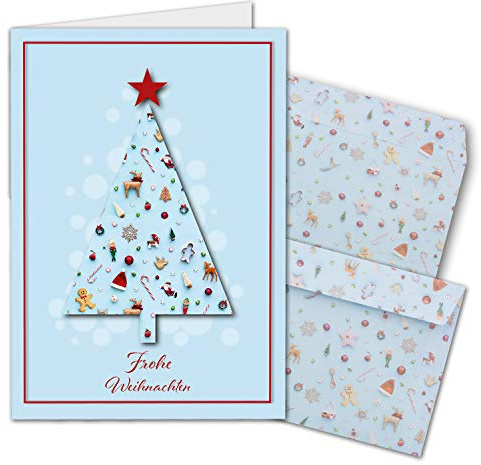 NEUSER PAPIER 10x Weihnachtskarten-Set DIN A6 mit hellblauem Weihnachtsbaum und Winter-Symbolen - Faltkarten mit passenden Umschlägen - Weihnachtsgrüße für Firmen und Privat