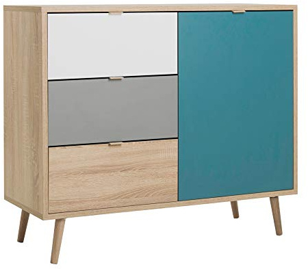 Newfurn Kommode mit Schubladen Sonoma Eiche grifflos Flur Sideboard | Griffmulden, petrol Tür, konische Holzbeine, Tricolor Front, komodenschrank 120 cm breit, Schlafzimmer Möbel, retro