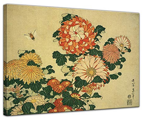 Bilderdepot24 Bild auf Leinwand | Katsushika Hokusai - Chrysantheme und Biene in 40x30 cm als Wandbild | Wand-deko Dekoration Wohnung alte Meister | NEU-180210-40x30-cub