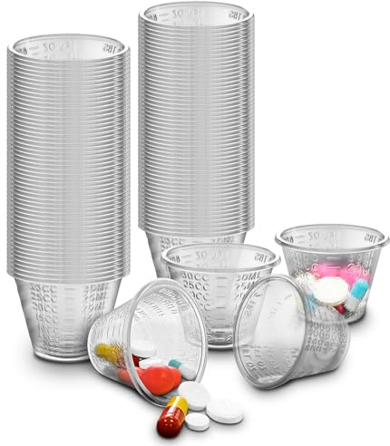 RE-GEN 30ml Clear Plastic Reusable Medicine Kitchen Graduated Measuring Pot Containers, 100 Cups Per Sleeve - 2 Sleeves (200 Cups)