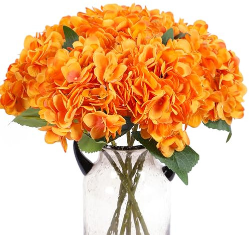 Kimura's Cabin Lot de 6 fleurs d'hortensia artificielles en soie, bouquet de fleurs d'hortensia artificielles, décoration d'intérieur, pour mariage, jardin, fête, Halloween (jaune orange)